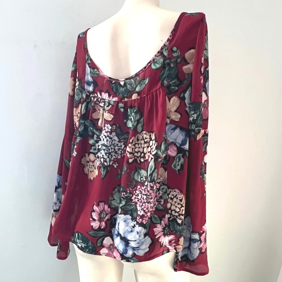 Mabel Floral Fairy‎ Blouse L Burgundy Romantic Top Boho Peasant Cottagecore Chic - Picture 2 of 7